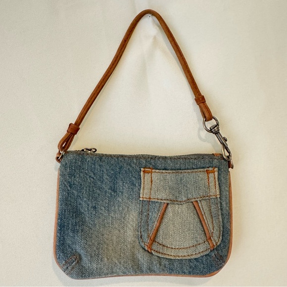 Vintage American Eagle Denim Wristlet Blue Jean Wallet Cognac Strap Y2K Bohemian - Picture 4 of 9